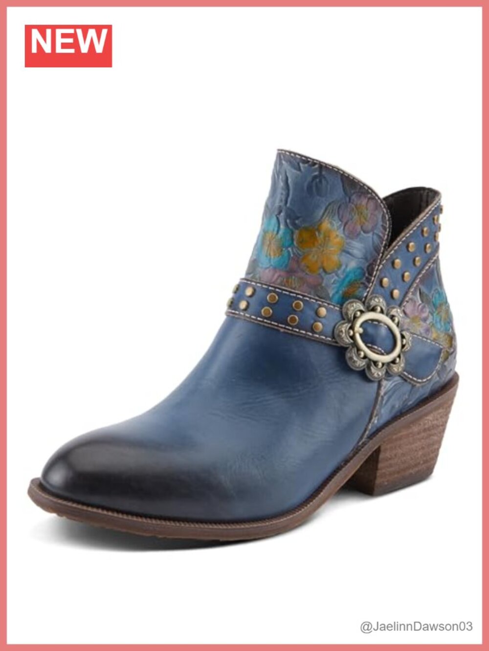 Genuine Leather Western Ankle Booties Hand-Painted Floral Studded Zip